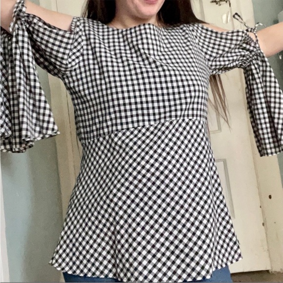 Ann Taylor LOFT Black White Gingham Check Blouse with Split Bell Sleeves Medium - Picture 9 of 10